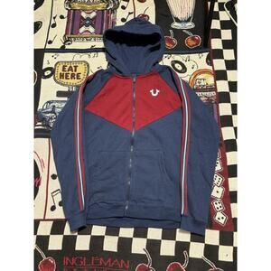 Vintage True Religion Full Zip Hoodie Sweatshirt Red Blue Womens Sz XL Horseshoe